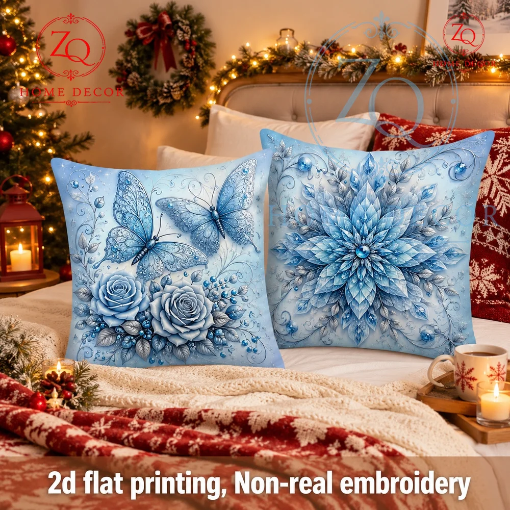 Winter Wonderland Blue Floral Butterfly Throw Pillow Cover Frosty Christmas Home Decor Cushion Case