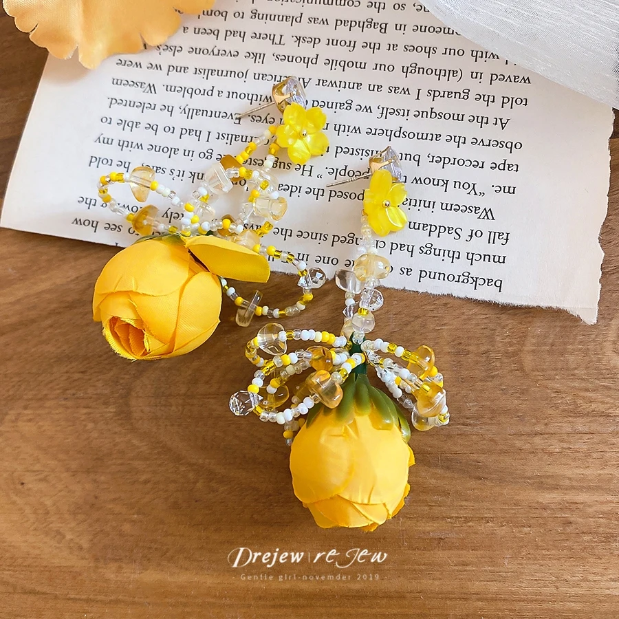 DREJEW love chiffon flower tassel earrings fresh holiday style earrings niche design sweet and versatile accessories