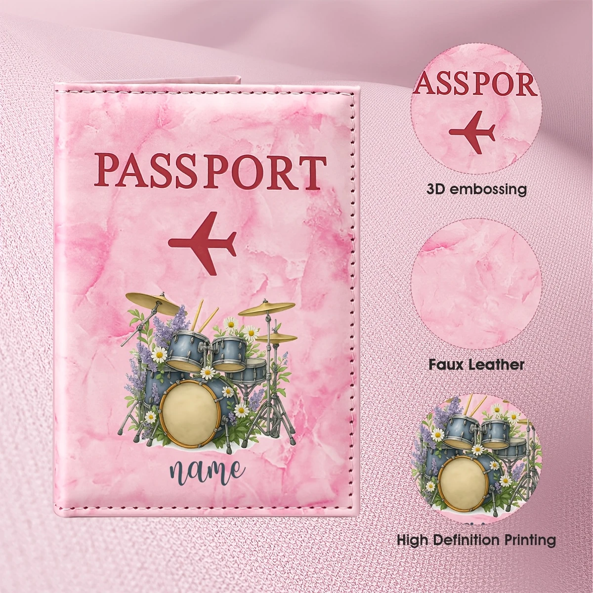Custom Name Floral Drum Set Illustration Passport Holder, Featuring a Pattern That Combines Purple Lavender And Daisy Elements