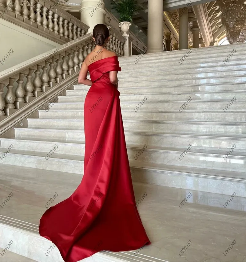 Red Count Train Prom Dresses Special One Shoulder Banquet Guest Dress Skirt Draped Saudi Arabic Satin Formal Party Dress