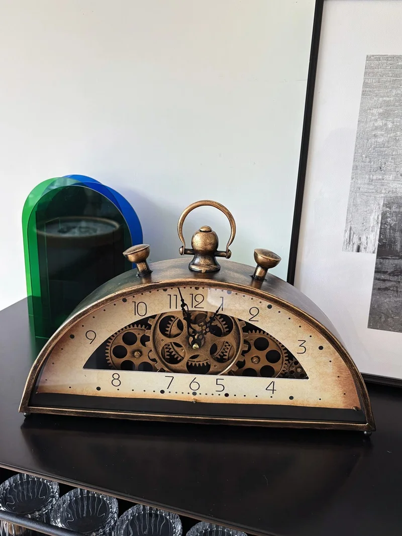 The American Style Large Table Clock, 16 inch Moving Gear Semi-circular Desk Clocks Oversized Vintage Industrial Metal Clock