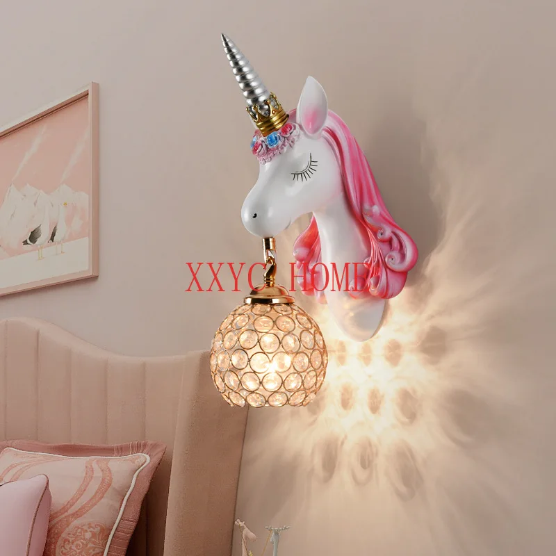 Nordic Unicorn Lamp Resin Wall Lamp Crystal Bracket Sconce for Children Home Interior Lighting Girl Bedroom Bedside Living Room