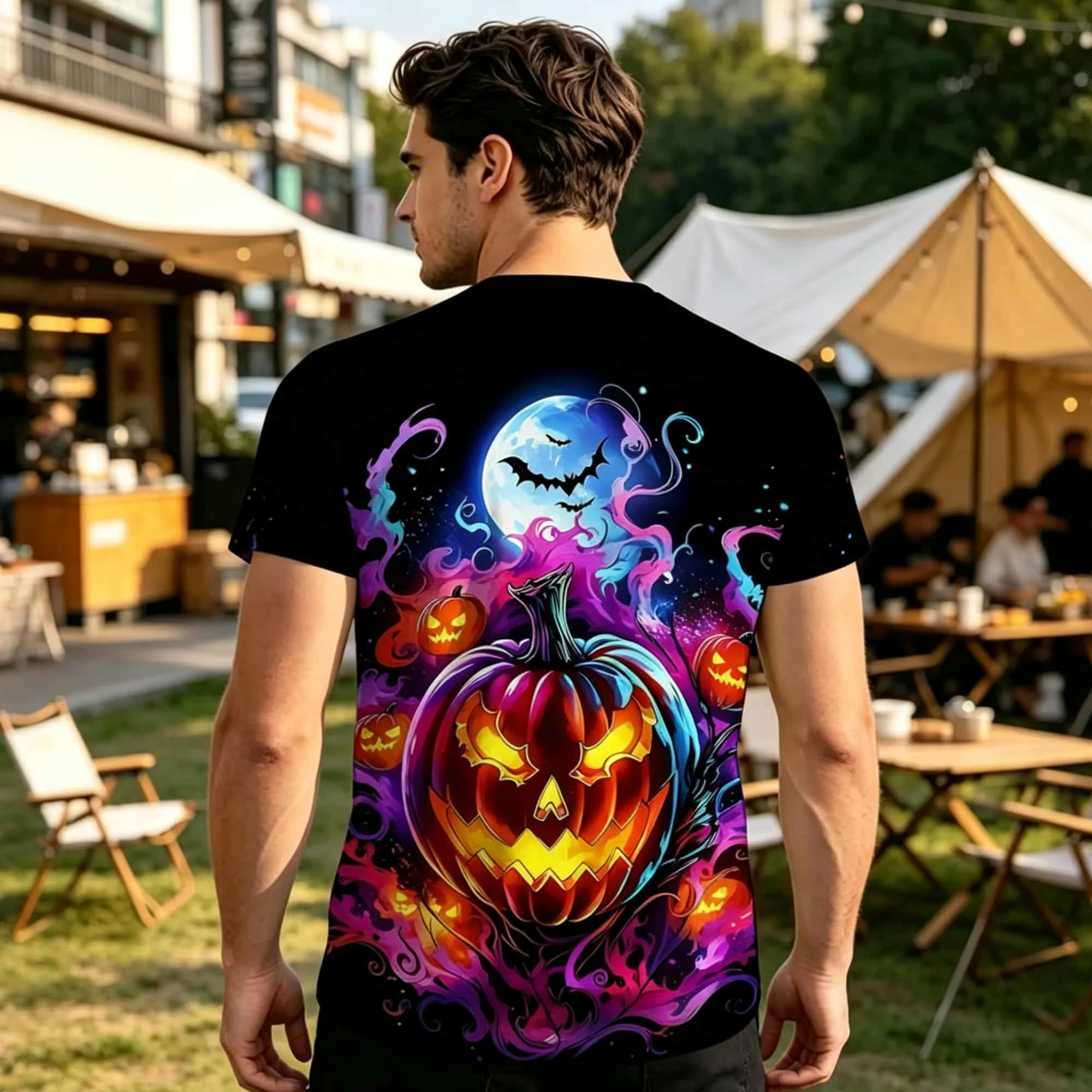 Halloween Carnival Men Crew Neck T‑Shirt Psychedelic Colorful Pumpkin Lantern Night Sky Bat Swirl Art Print Casual Street Festiv