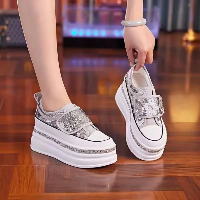 Women 8CM Platform Casual Outdoor Shoes Rhinestone Shine Decoration Sneakers Lace Walking Sport Breathable Thick Bottom Shoes