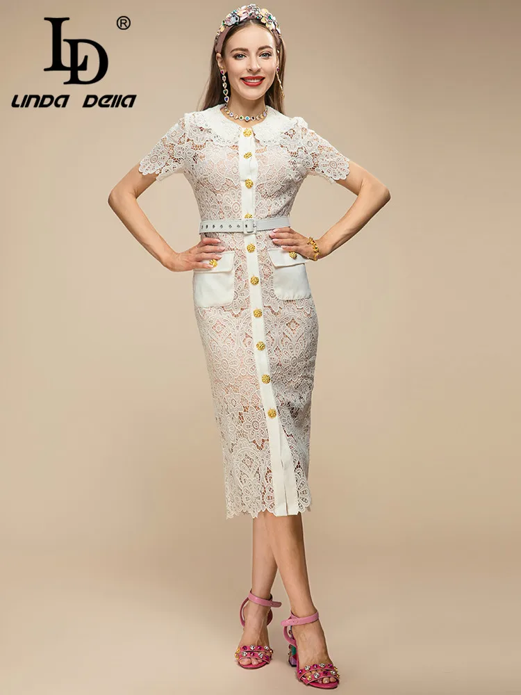 LD LINDA DELLA 2023 Summer Runway New Dress Women Short sleeve Lace Hollow Out Single Breasted Belt Slim White Midi Dress