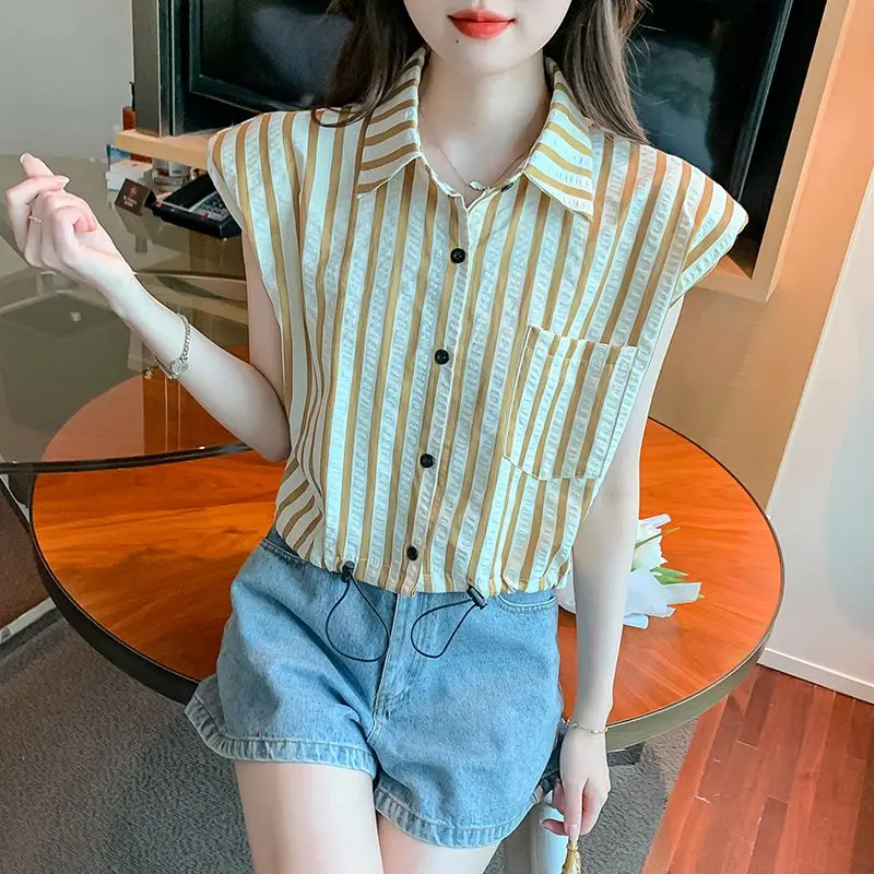 Casual Fashion Flying Sleeves Striped Shirt for Women\'s 2024 New Summer Popular Drawstring French Short Sleeves Commuting Top