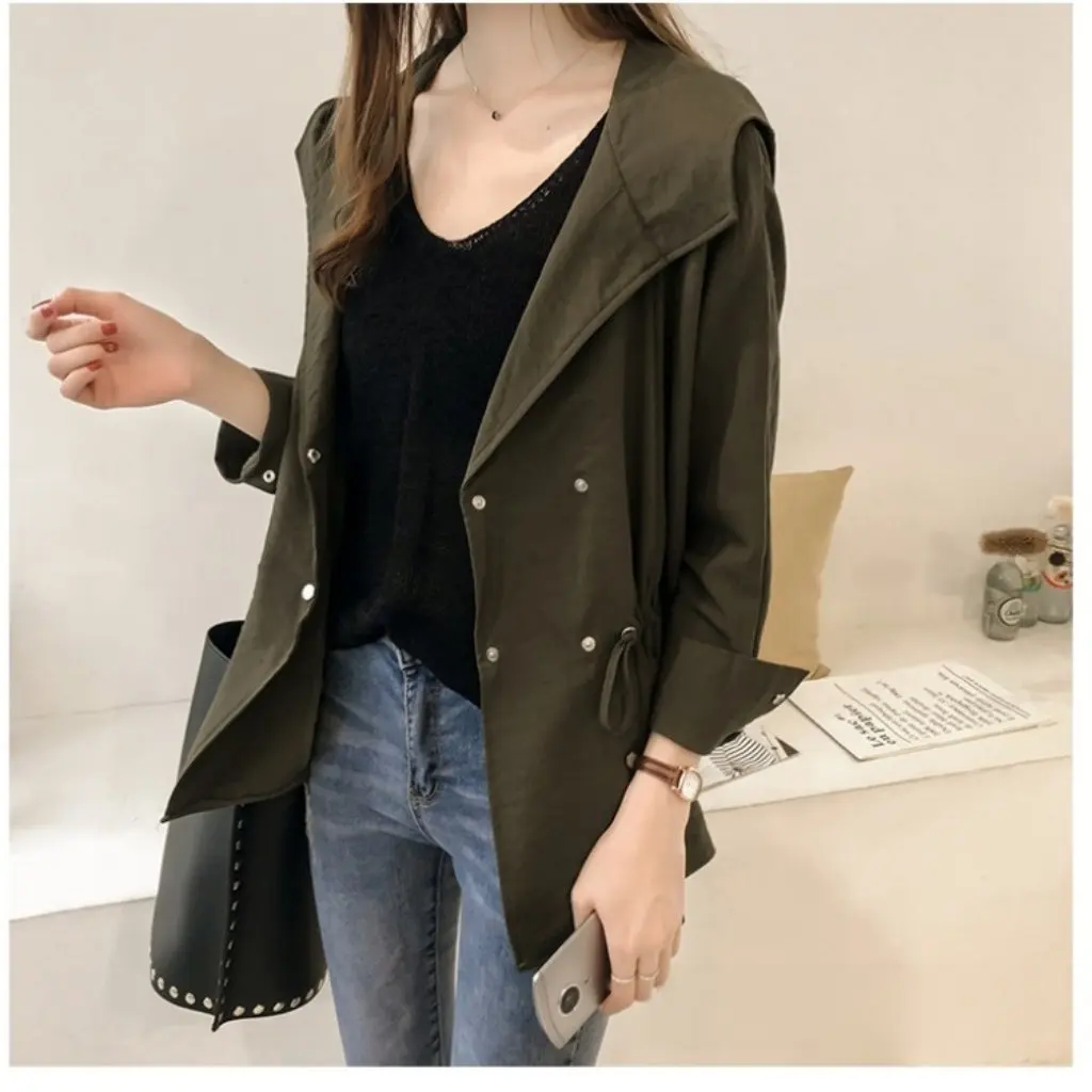 

Women's Korean Style Loose Bf Hooded Windbreaker Cardigan Jacket Mid-Length Slim Long-Sleeved Trendy Spring Autumn New