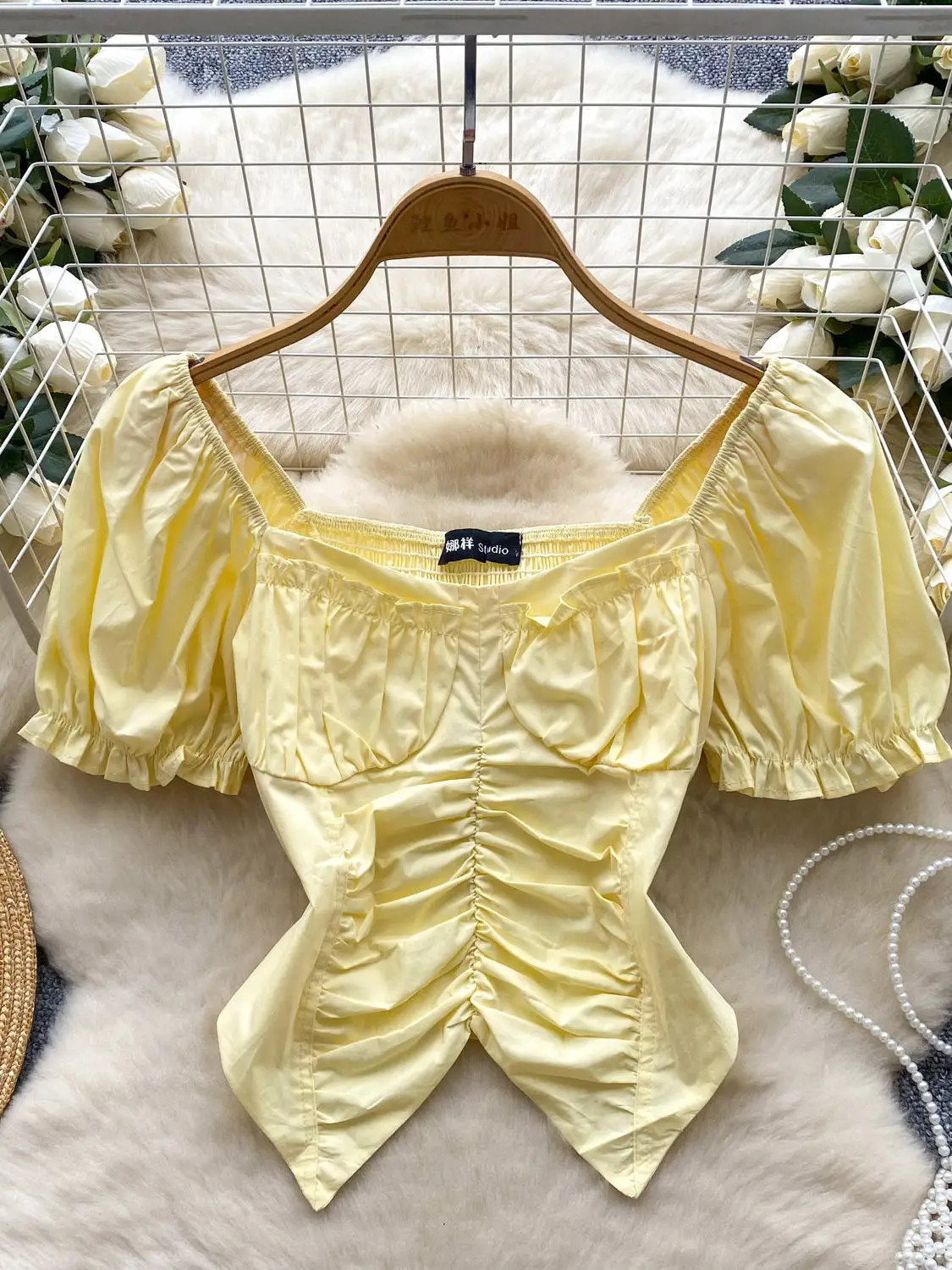 

2026 Summer Square Neck Puff Sleeve Shirt for Women New Fashion Pleated Waist Split Short Blouse Tops Clothes