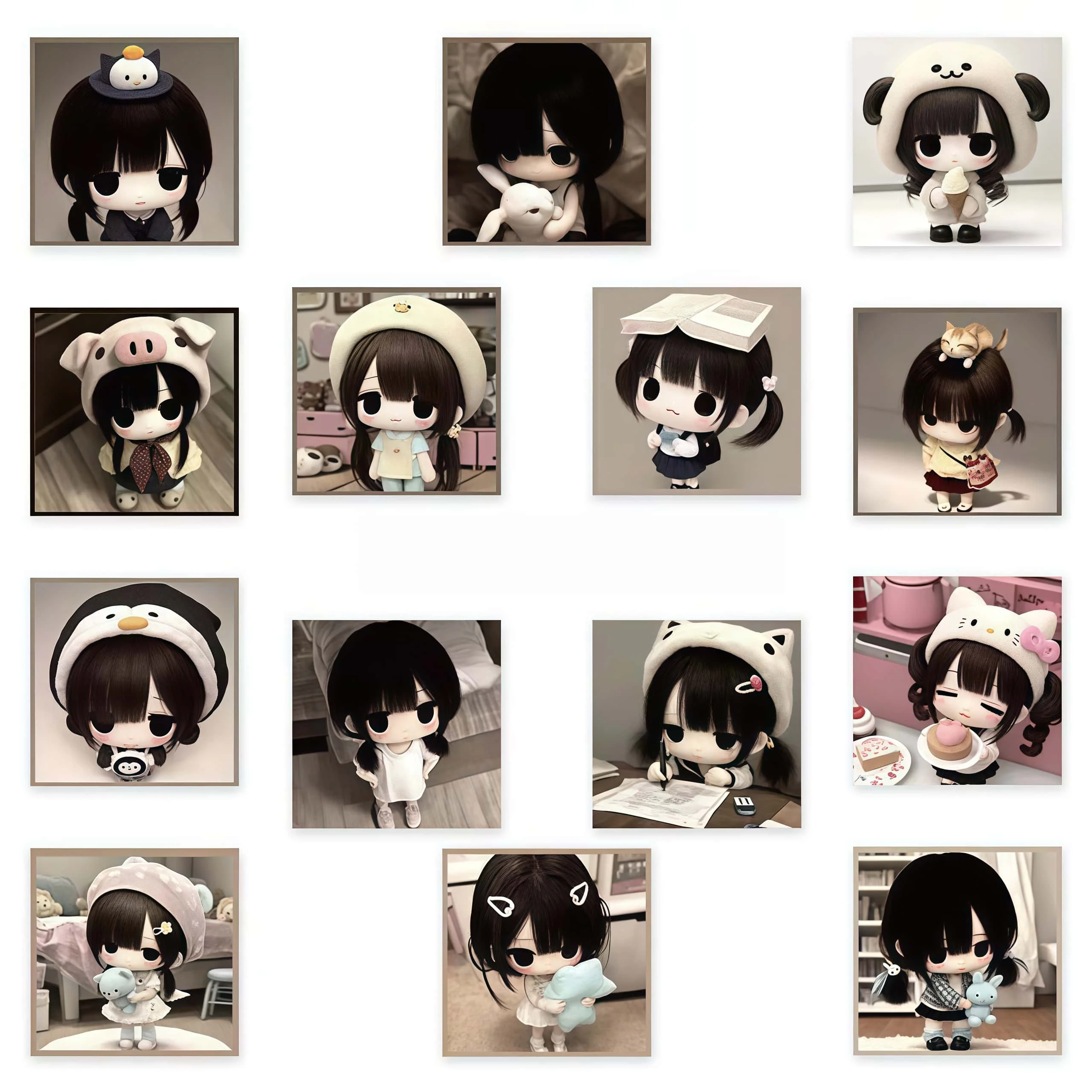 500Pcs Cute Dark Hair Doll Square Roll Stickers, Kawaii Chibi Girl Label Stickers for Packaging Journal DIY Scrapbook Decoration