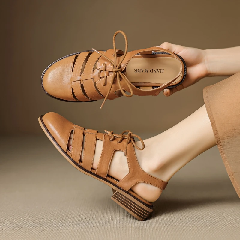 Women's new summer leather cowhide mid heel lace up toe opening breathable round toe retro Roman shoes fashion sandals