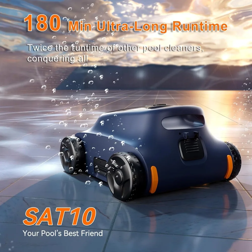 Wireless robotic pool cleaner for flat swimming pools up to 2000 square feet, automatic parking, dual brushless motors