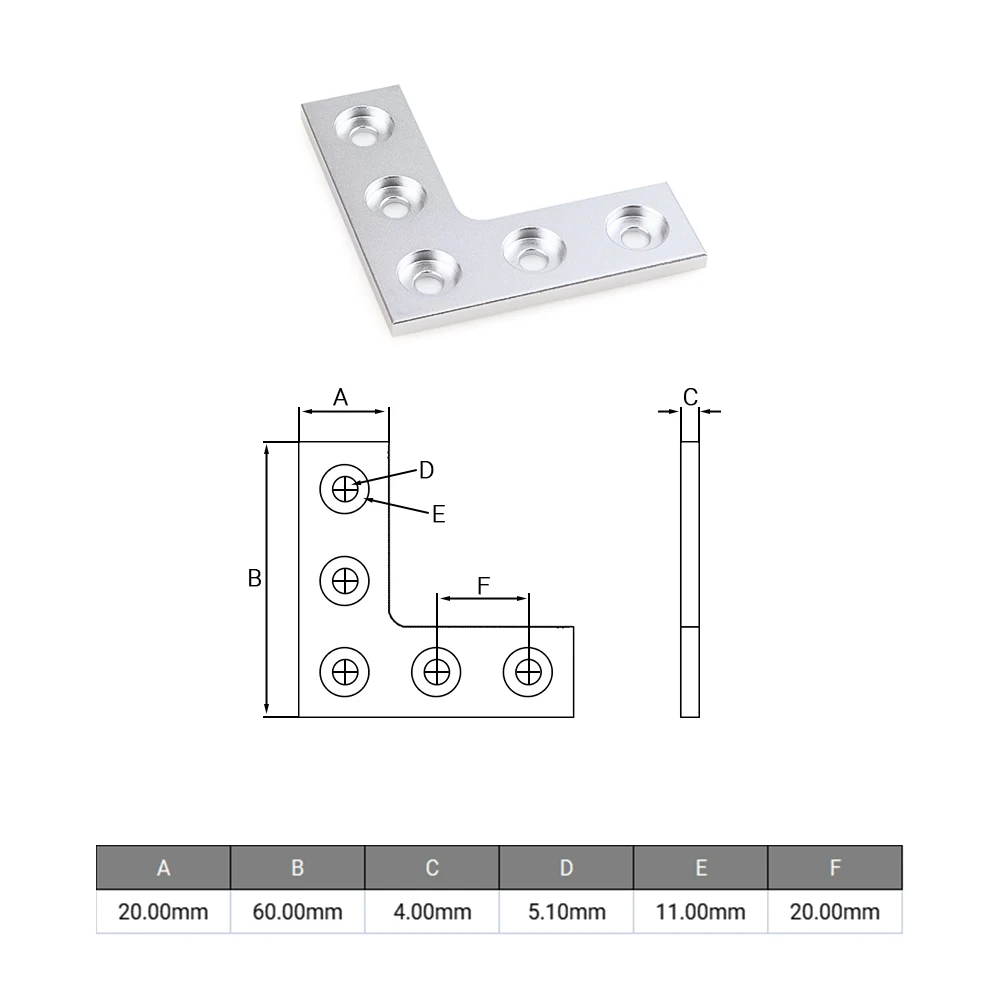 10Pcs Openbuilds L Type 5 Holes 90 Degree Joining Corner Connector Plate Angle Bracket Joint Strip for 2020 Aluminum Profile