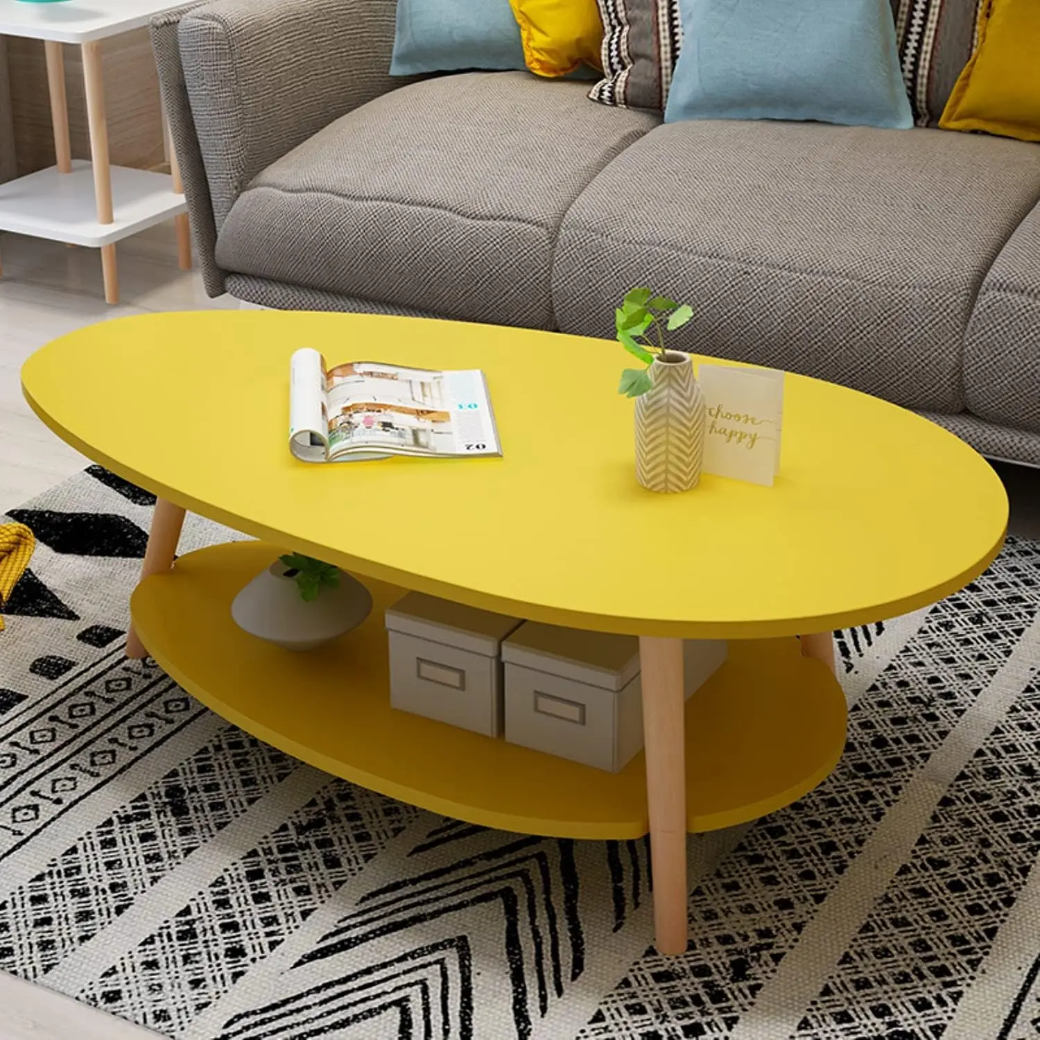 

Aston Mid-Century Modern 2-Tier Long Oval Coffee Table with Center Table for Living Room, Bedroom, Yellow