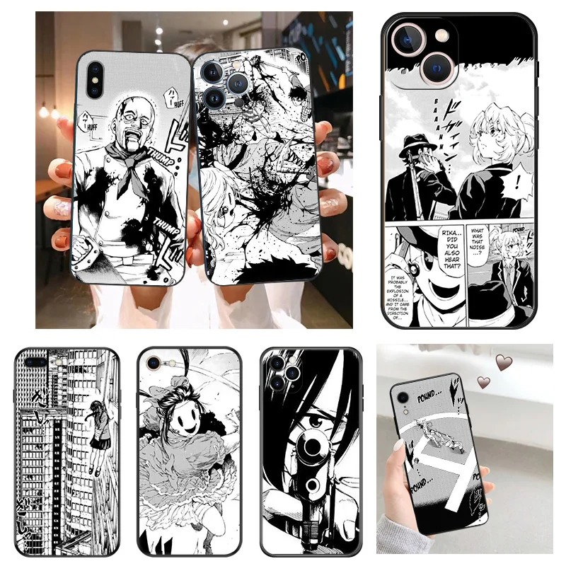 Silicone Soft Phone Case for iphone 16 Plus 15 14 13 12 11 Pro Max Mini XR SE 7 8 High-Rise Invasion Manga Black Back Cover