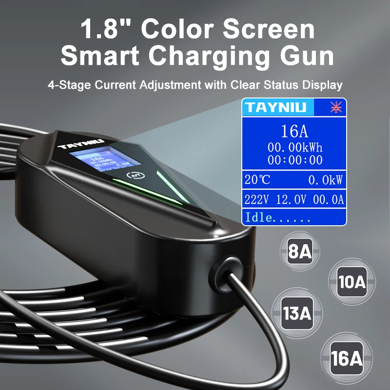 Зарядное устройство для электромобилей TAYNIU 16A 3,5 кВт, тип 2, тип 1 ГБ/T, зарядное устройство TS-NACS, портативное зарядное устройство с экраном 1,8 дюйма, EVSE для автомобилей Tesla и других электромобилей