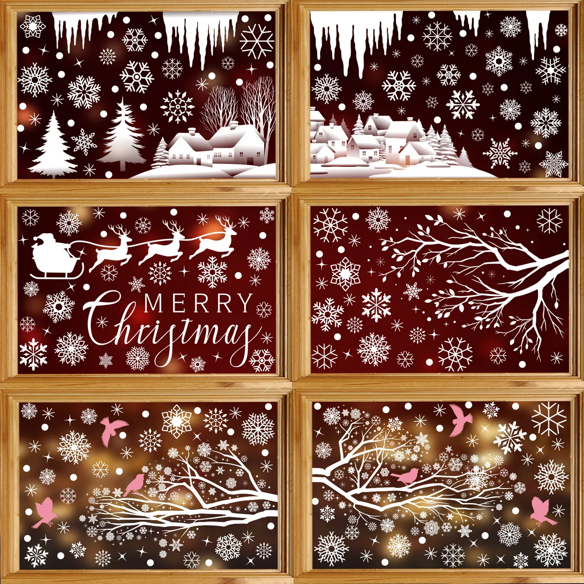 Christmas White Snowflake Tree Branch Window Sticker bird Forest Snow Scenery New Year Door Sticker Merry Christmas