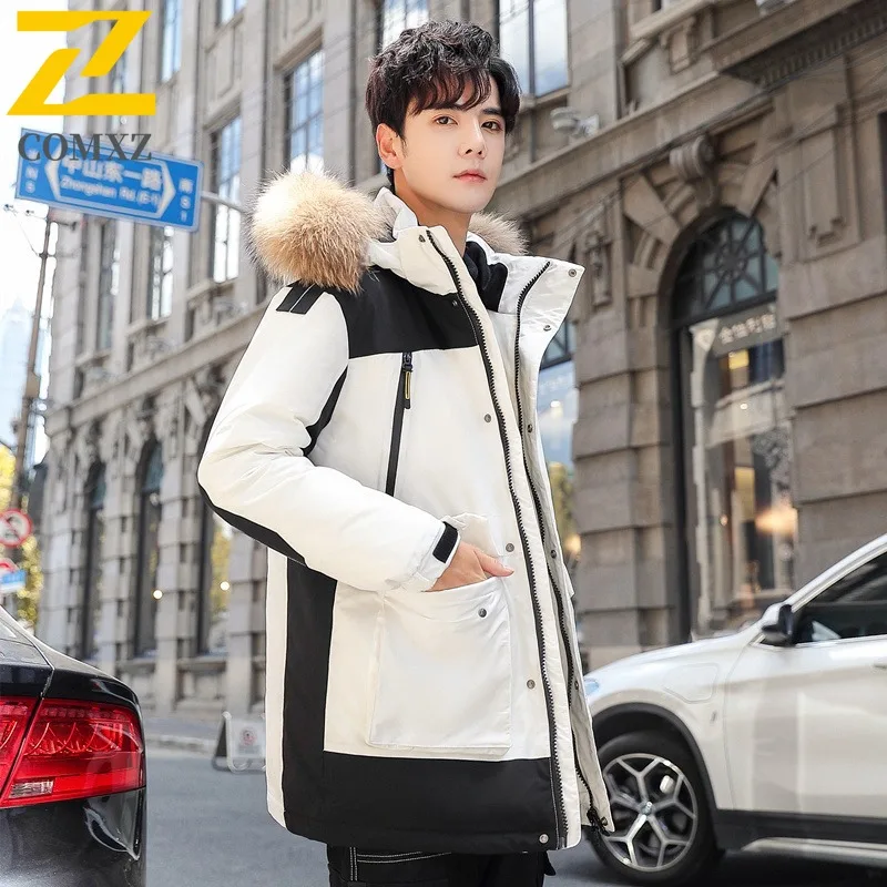 Coxz novo fofo 90 para baixo jaqueta masculina gola casual leve gola de pele quente com capuz casaco puffer zíper cor pura na moda parka