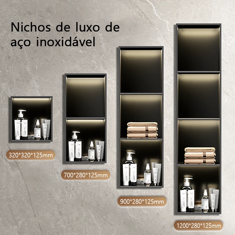 Armário de aço inoxidável para banheiro, prateleira escondida embutida, nicho para cozinha, sala de estar e quarto, nicho cinza e preto