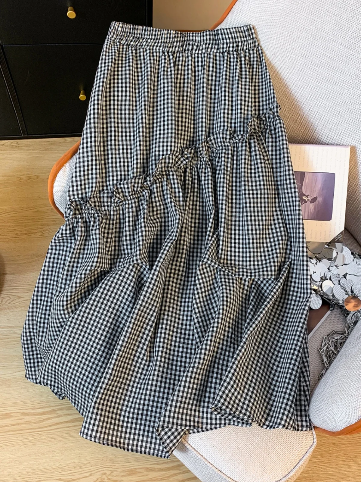 Retro Plaid  Skirt Women's Summer European Design Sense Splicing Wood Grain  Mid-Length A-Line Skirt