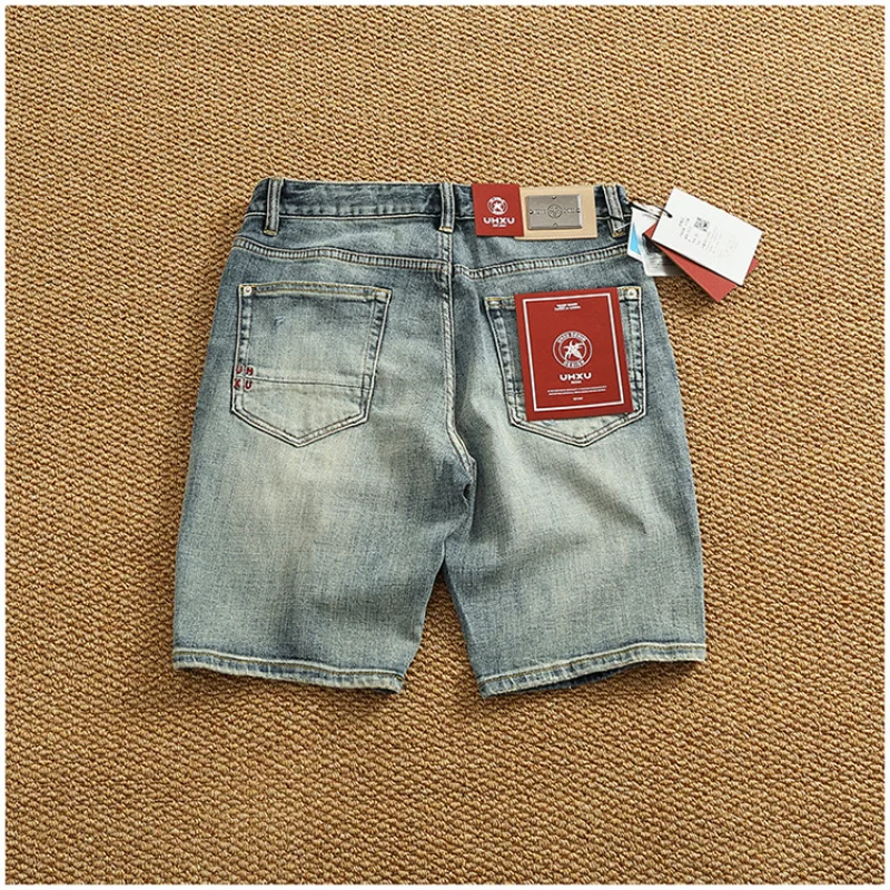 

Летние голубые ностальгические потертые джинсовые шорты, мужские новые хлопковые эластичные джинсовые повседневные модные брендовые прямые шорты в стиле ретро