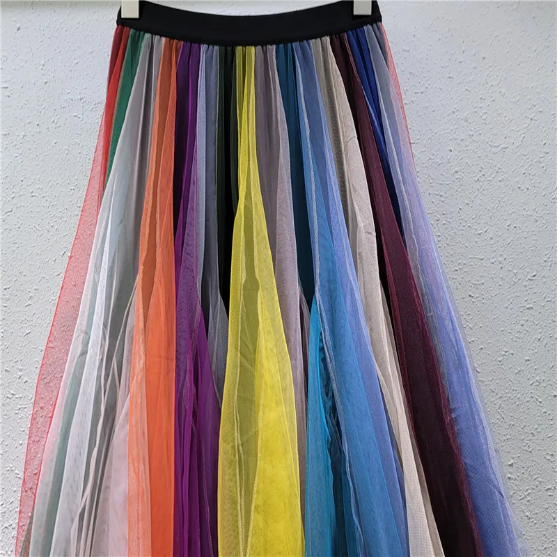 Chic Gradient Rainbow Color Mesh Splicing Super Beautiful Seven Color Gauze Multi-Layers Big Swing Pleated Skirt Elastic Waist