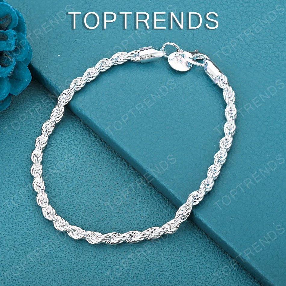 4mm 925 Sterling Silver Twisted Rope Chain Bracelet Fashion Simple Jewelry Men Women Party Birthday Christmas Gift Accessories