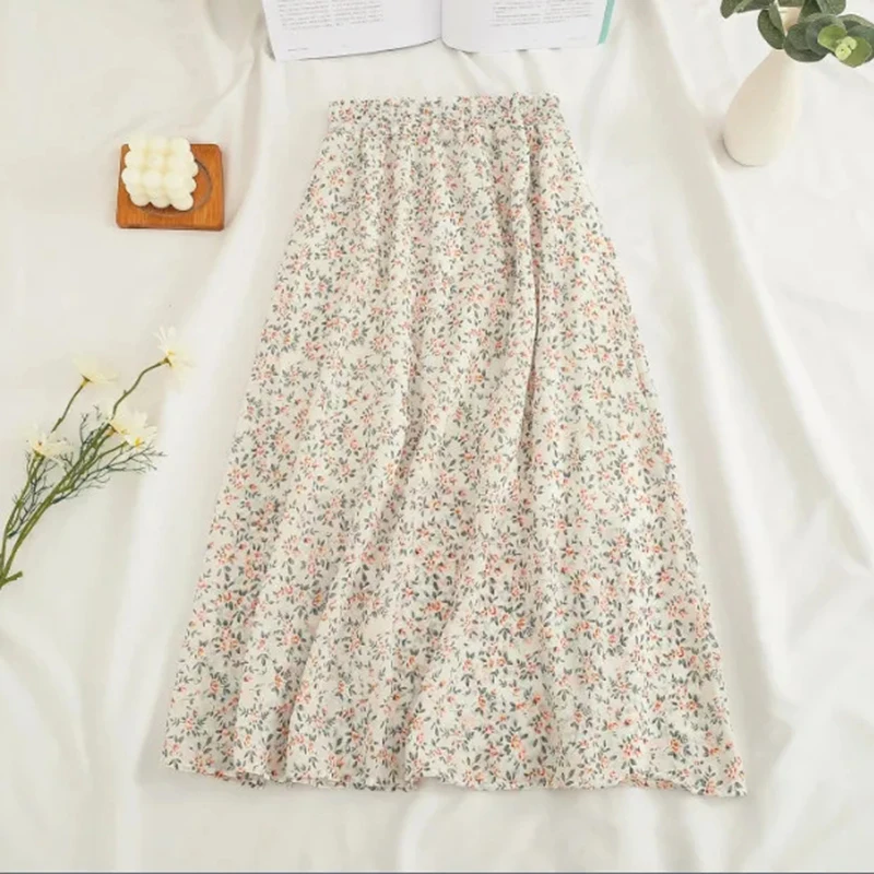 Gidyq Women Chiffon Midi Skirt Korean Fashion Floral Loose Skirts High Waist Female Casual All Match A Line Skirts Summer New