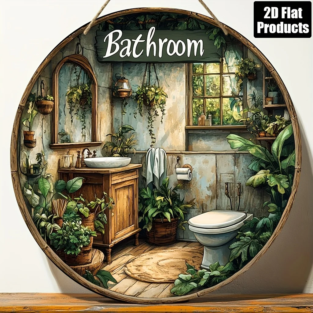 2D Plane 1pc Round Wood Board/Decorative Painting Sign/Eco Green Plant Bathroom Theme/Suitable for Bar Kitchen Cafe Family Room