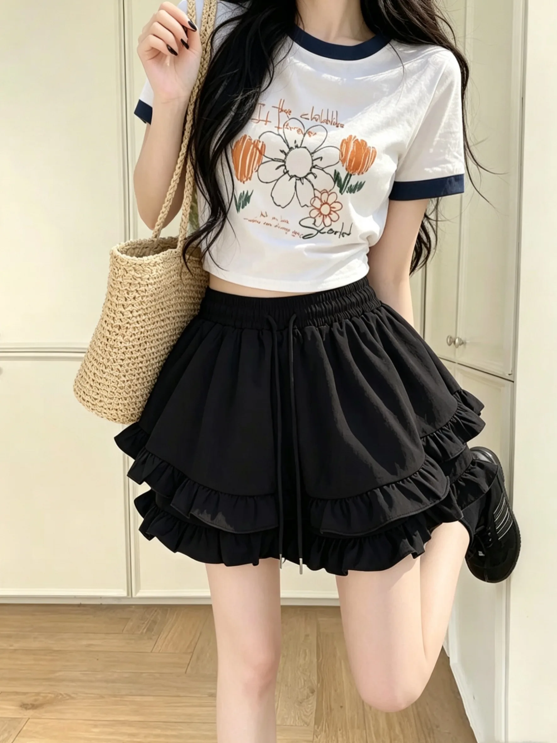 

Black Elastic Waist Wide Leg Pants Shorts Women's Summer Sweet Style Versatile Loose Casual Hot Pants High Waist Other Fabric