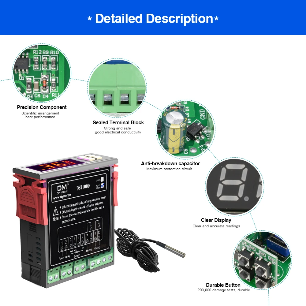 DST1000 AC 110V 220V DC 12-72V Digital Temperature Control Controller Thermostat DS18B20 Sensor Waterproof Replace STC-1000