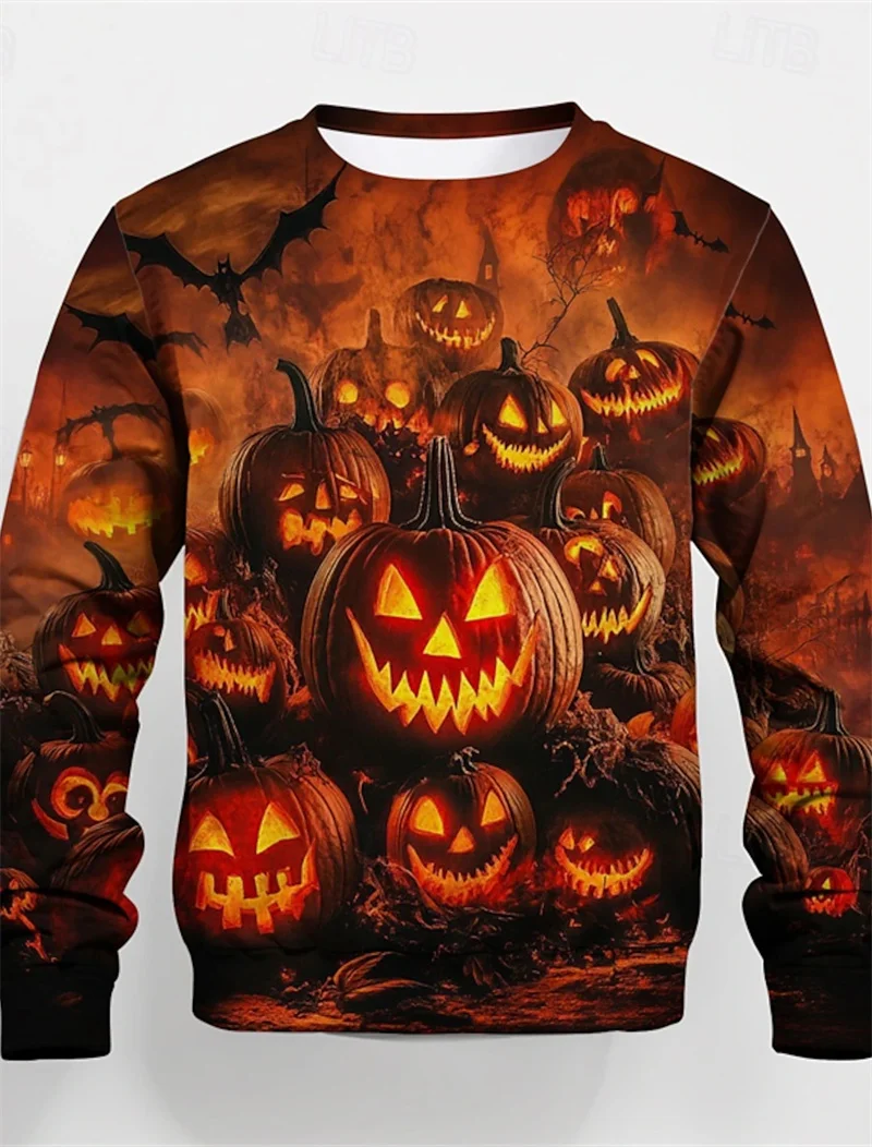 Halloween Pumpkin Men's Printed Pattern Classic Casual 3D Pullover Sweatshirt Holiday Fashion Thin Long Sleeve