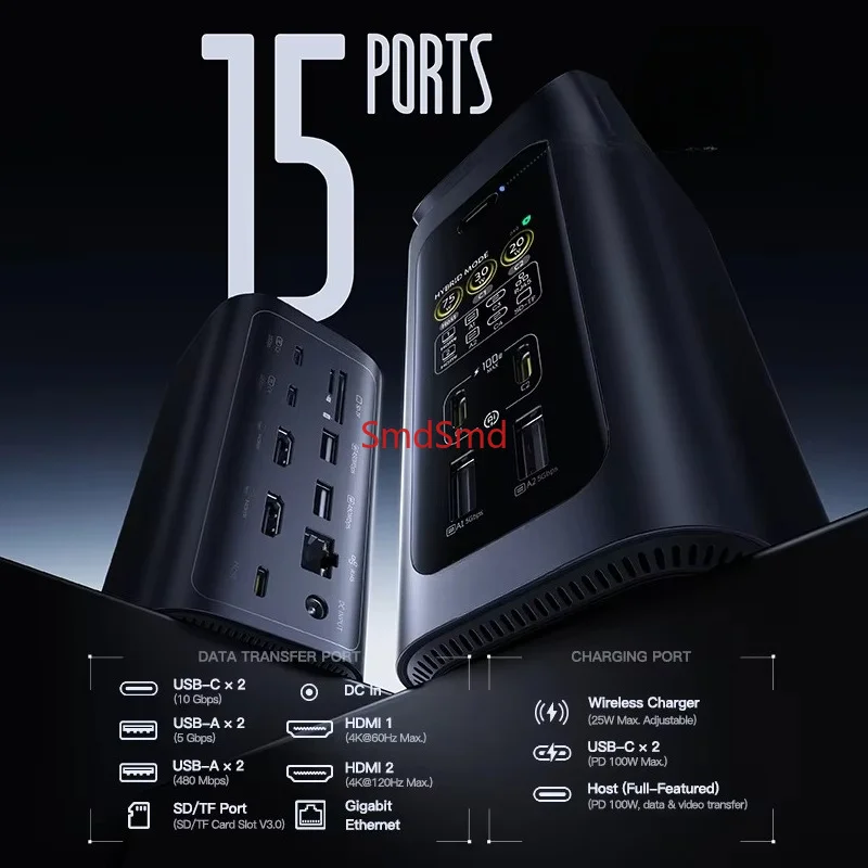 160W 15-in-1 USB C HUB to 2 HDMI 4K@120Hz 60Hz with Qi2.2 25W Wireless Charger 180W GaN EU US Adapter Docking Station Hub