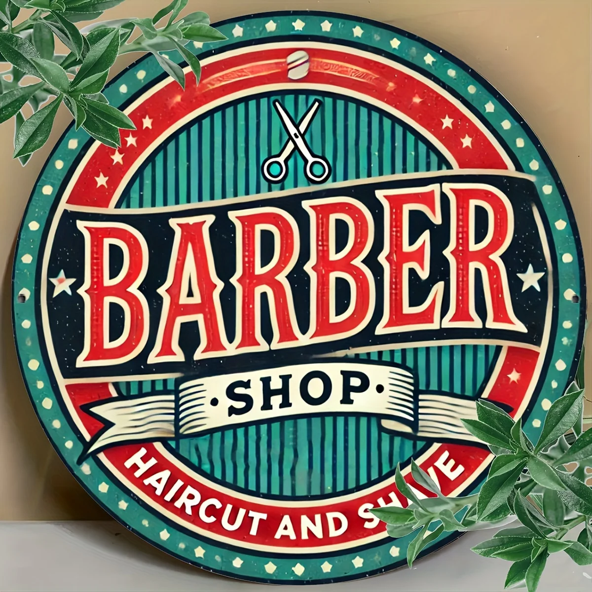 قطعة واحدة من لافتة ألومنيوم مستديرة لصالون الحلاقة الرجعية، مقاس 8 × 8 بوصات لوحة فنية جدارية معدنية عتيقة، مقاومة للماء والصدأ، سهلة التعليق، متينة