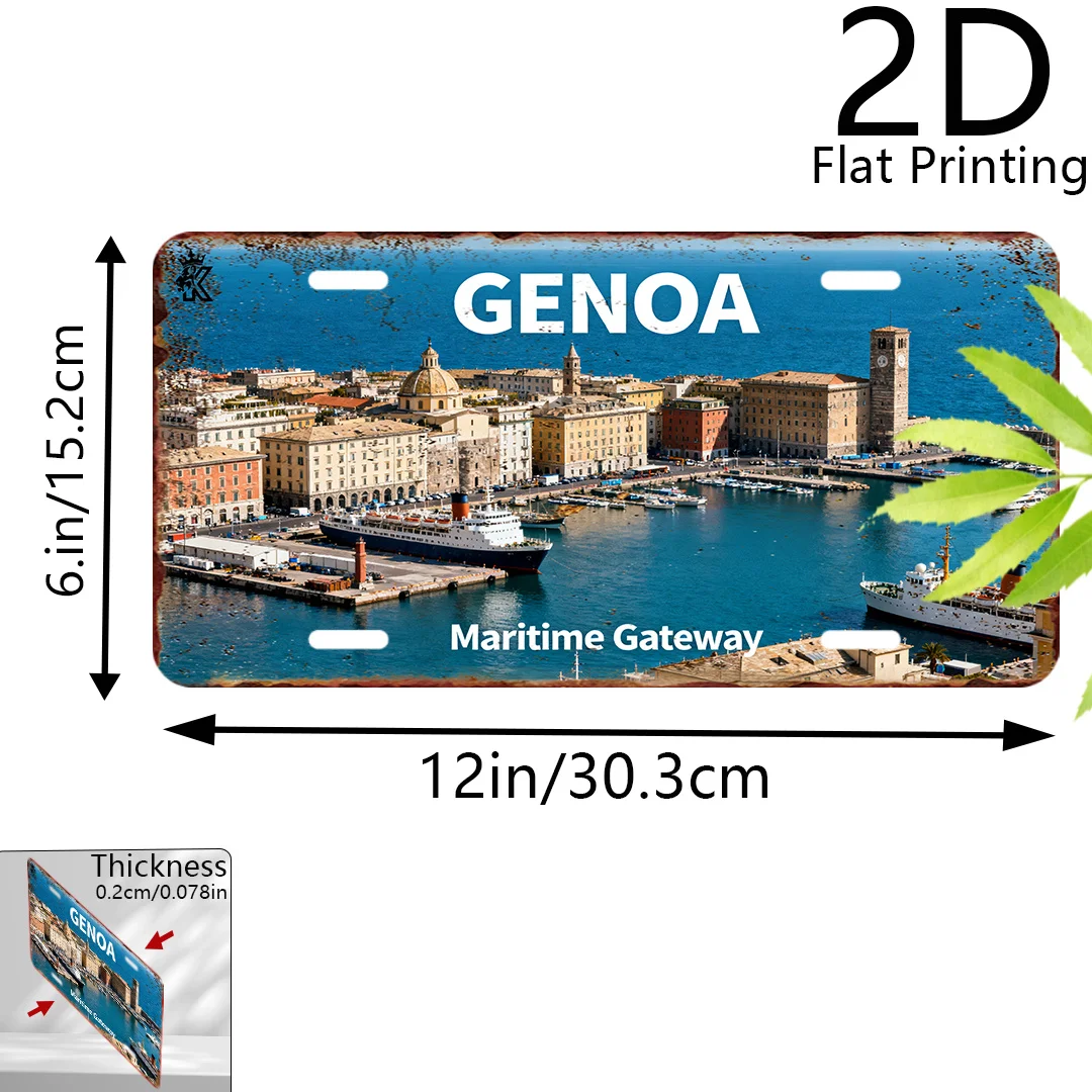 2D Flat - 1pc 2D Flat Printing | Genoa Maritime Gateway Retro Aluminum Decorative Plaque & Statues (15.24cm x 30.48cm) | Coastal