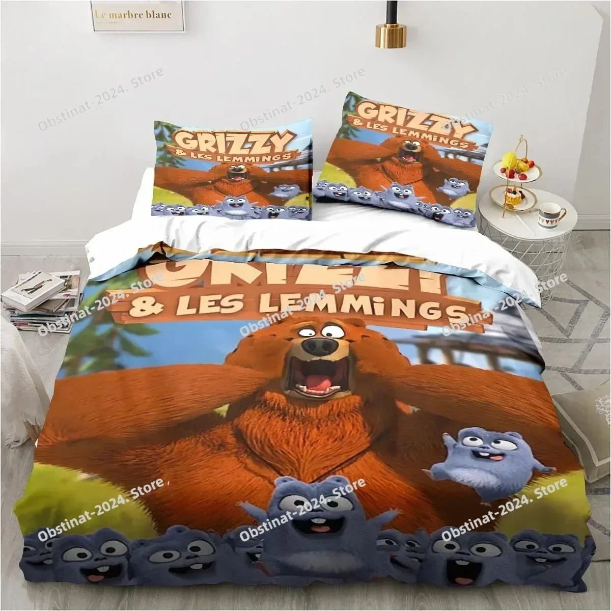 Grizzy and The Lemmings طقم سرير بنين بنات التوأم الملكة حجم غطاء لحاف المخدة سرير الاطفال الكبار موضة المنسوجات المنزليةxtile