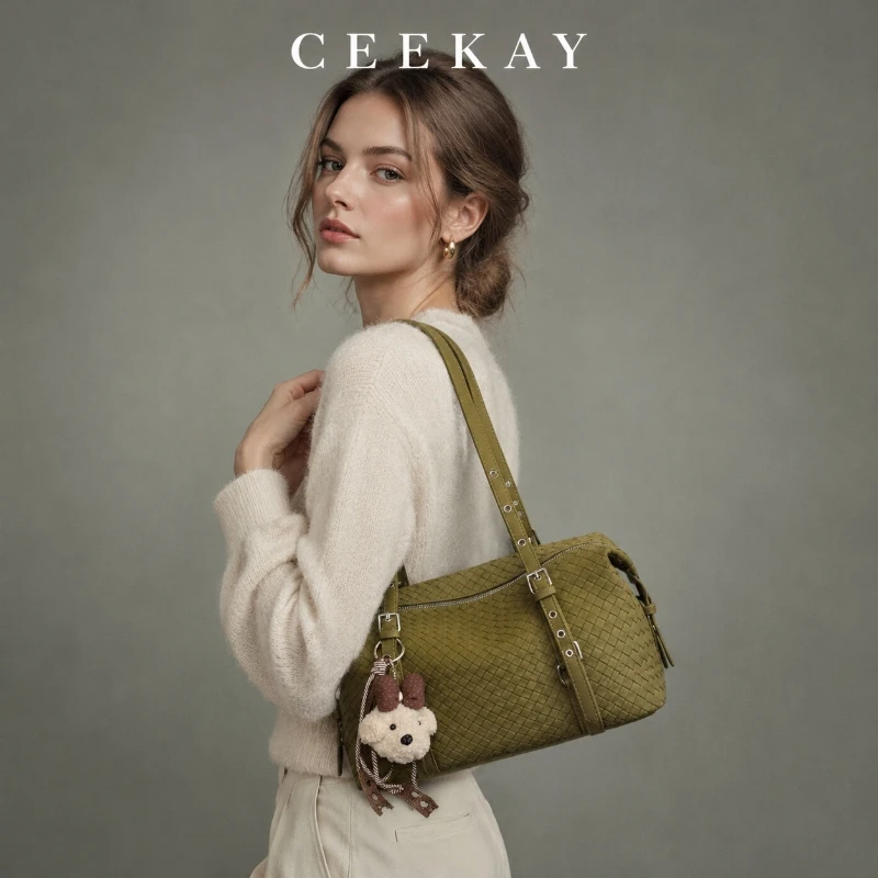 CEEKAY Olive Green Woven Leather Satchel Bag Twin Grommet Strap Buckle Detail Dog Charm Everyday Utility Roomy Chic Purse Women