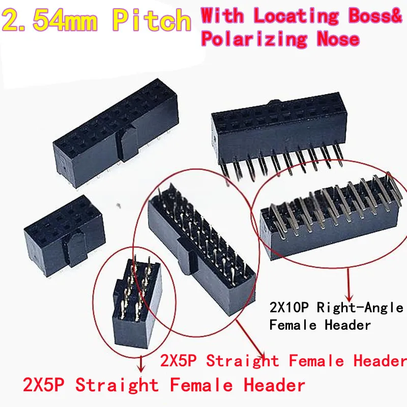 

10PCS 2.54mm Pitch Dual-Row Female Header with Locating Boss Polarizing Nose Box Header Type 2×5P 2×10P Straight/Right-Angle Pin