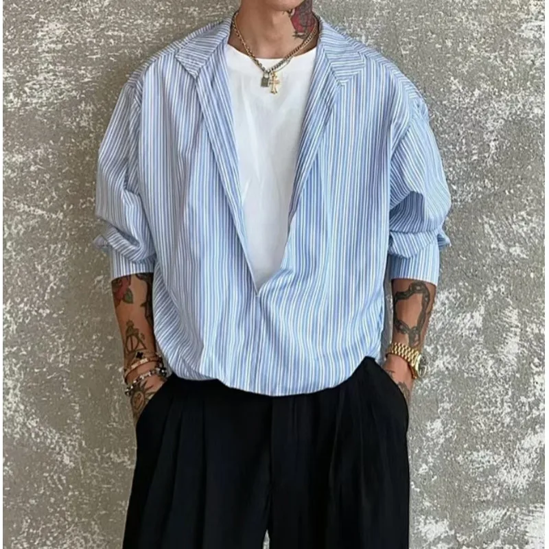 

British Style Loose Fake Two Piece Shirt for Men Long Sleeve Casual Lapel Shirts Social Street Wear Elegant Shirts Men Clothing