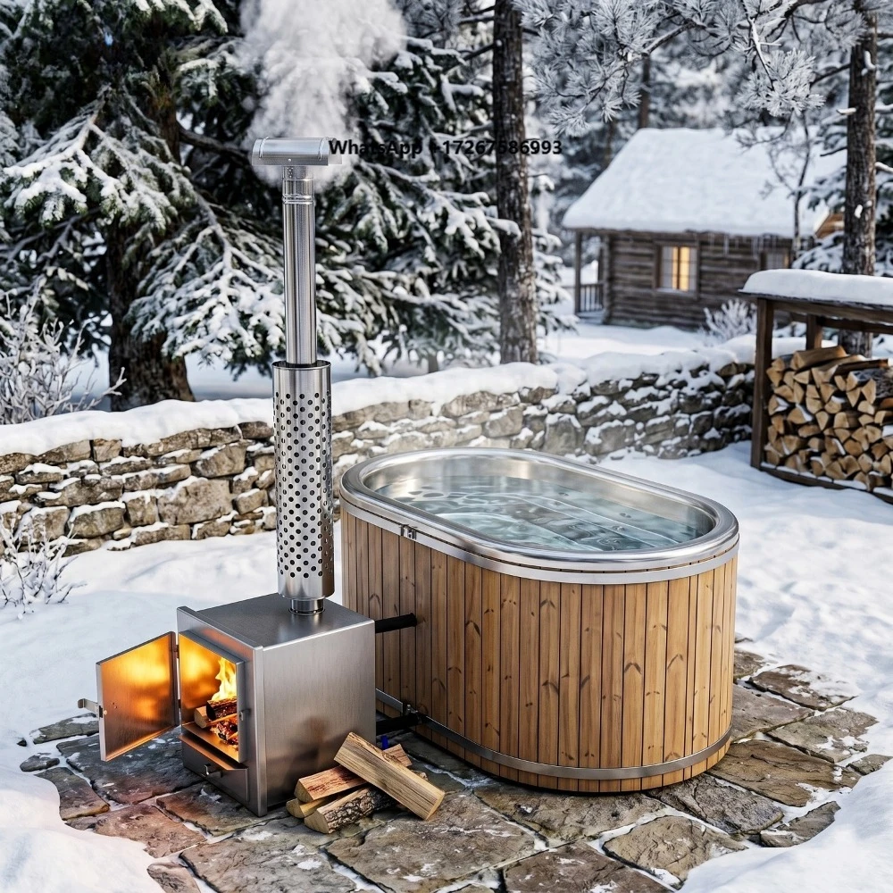 2-4 Person Wood-Fired Hot Tub for Resorts - Stainless Steel&Red Cedar, Off-Grid, No Electricity Required, Premium Guest Amenity