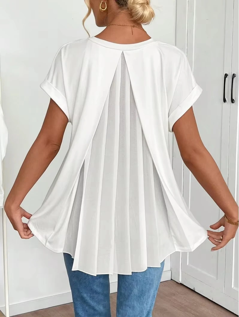 

Asymmetrical Splicing Pleated Chiffon V-neck T-shirt Top Loose Fit Summer Casual Simple plus Size Fashion 2026 Short Sleeve