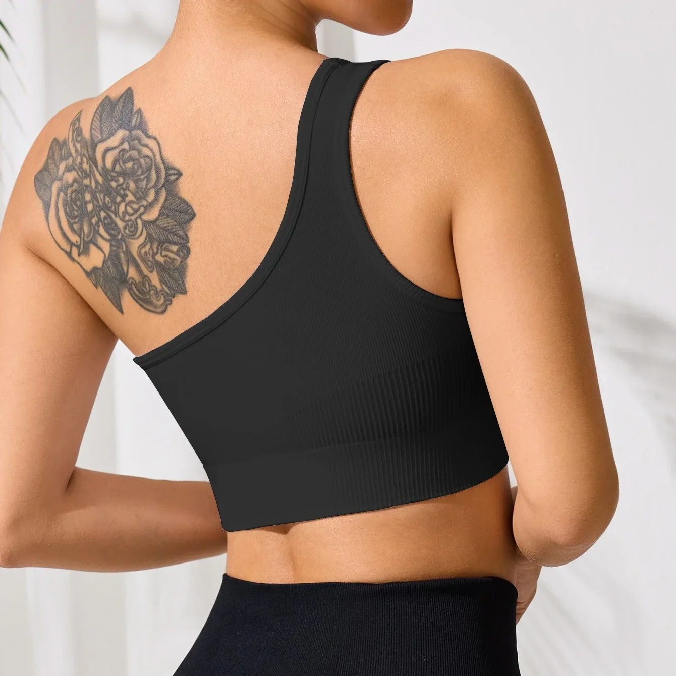 Mileegirl Asymmetric Single Shoulder Impacct Yoga Bra Seamless Ribbed Sprorts Crop Top Tight Fit Gym Worktout Bra No Pads Bras