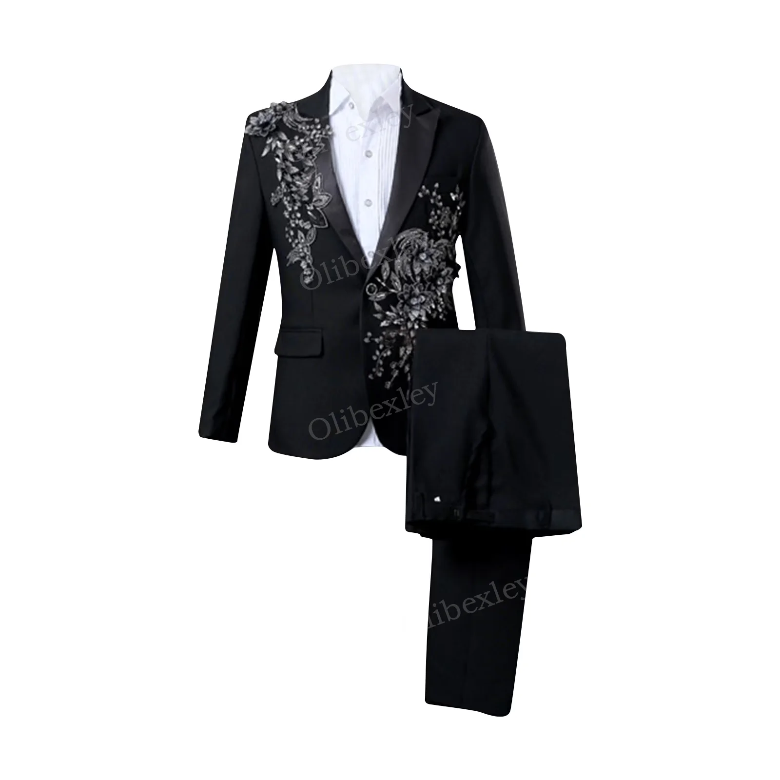 

Luxury Black 2 Piece Men's Tuxedo With Beaded Crystals One Button Slim Fit for Wedding Formal Party Business Prom