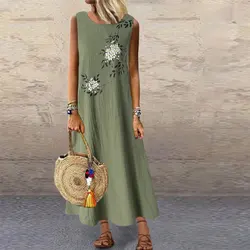 2024 Woman Summer Dress Vintage Cotton Linen Sleeveless Flowers Printed Long Dress Casual Loose Clothing Streetwear Maxi Dresses