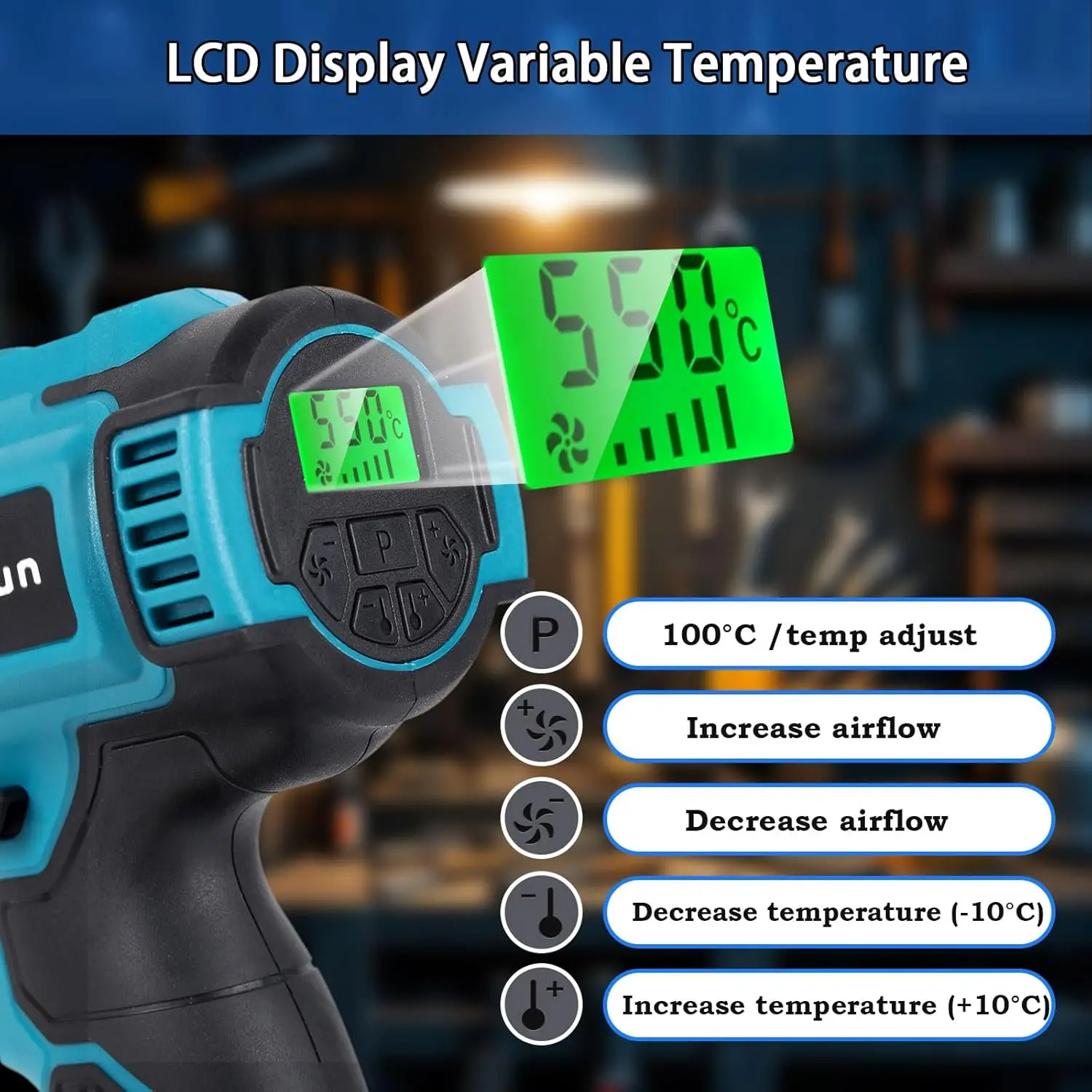 

Cordless Heat Gun Compatible with 18V Battery: LCD Digital Display - 350W Adjustable Portable Battery Powered Hot Air Gun