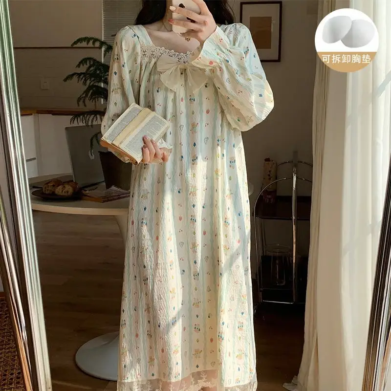 2XL Women Spring Nightgown Korean Ruffles Sleepwear Long Sleeve Home Dress with Chest Pads Lace Cloud Cotton Pajamas Loungewear