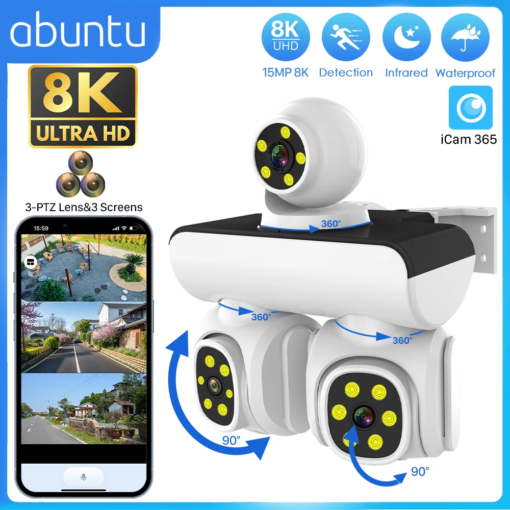 15MP 8K Three PTZ Wifi Camera Three Screens 360° Video Surveillance Camera Human Detection Night Vision Home Security Protection