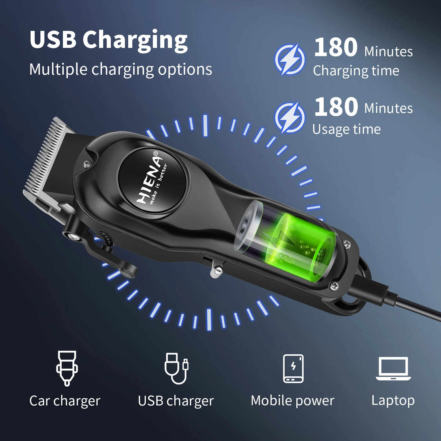 HIENA HYN-248 ماكينة قص الشعر الكهربائية ذات محرك عالي السرعة قابلة لإعادة الشحن ماكينة تشذيب الشعر الاحترافية مع قاعدة شحن باللون الأسود