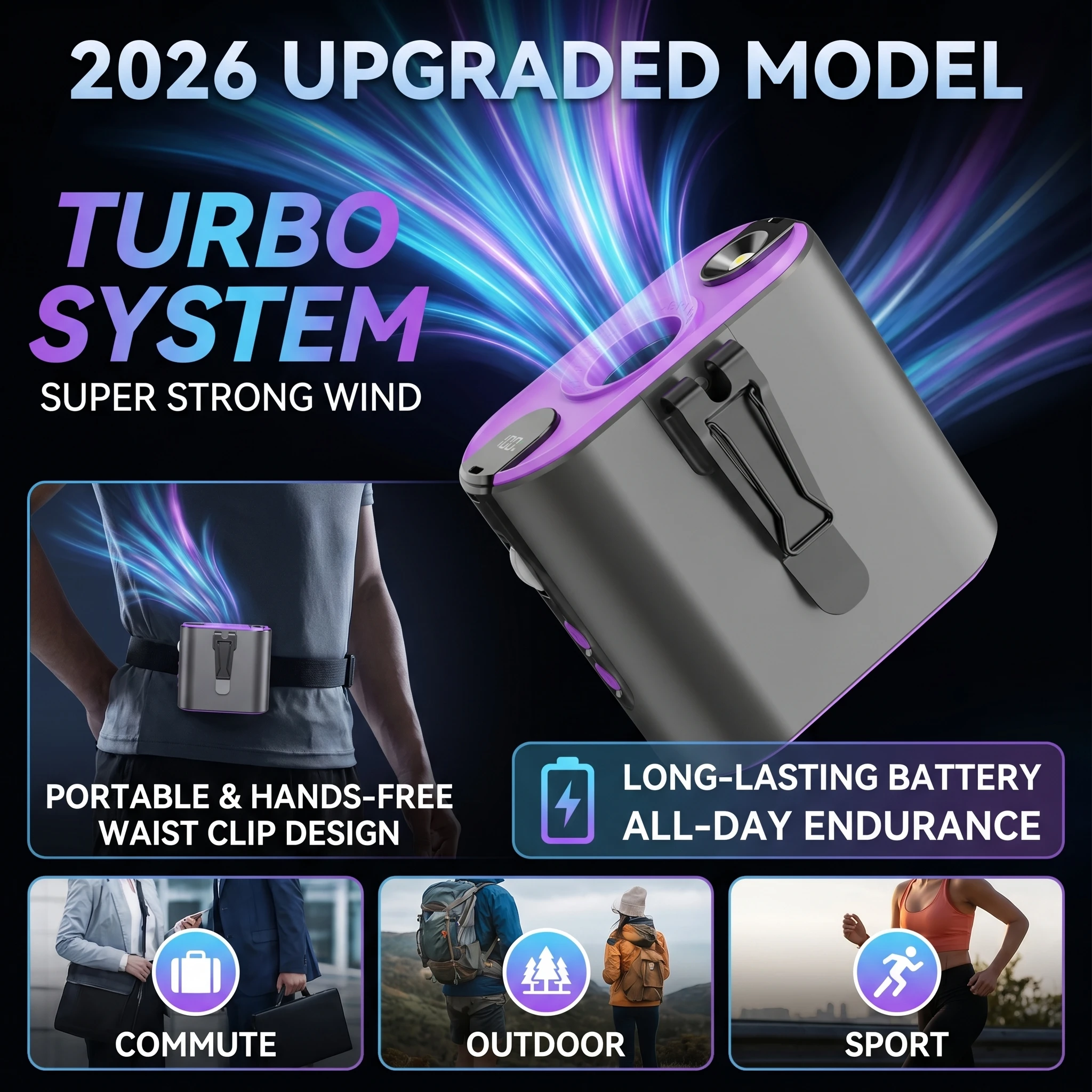 2026 New Upgrade Outdoor Professional Durable Portable Waist Fan Clip-on Air Cooler Lighting Function For Camping Emergency