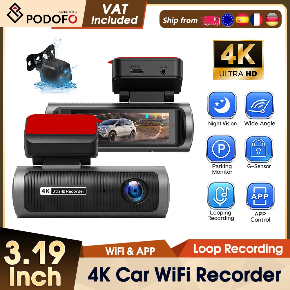 Podofo 4K Auto-Dashcam DVR-Kamera Videorekorder für Autos Fahrvideo-Rekorder Frontkamera WLAN für Fahrzeuge HD-Zyklusaufzeichnung Video