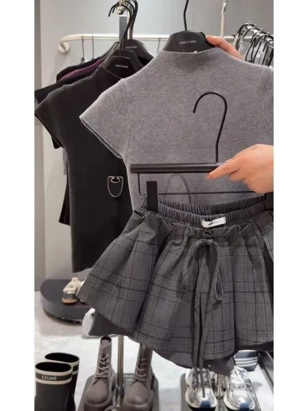 Korean Style Plaid A-Line  Skirt Women's Short Sleeve Top Slimming Two-Piece Set Small Stature Elegance Ensemble